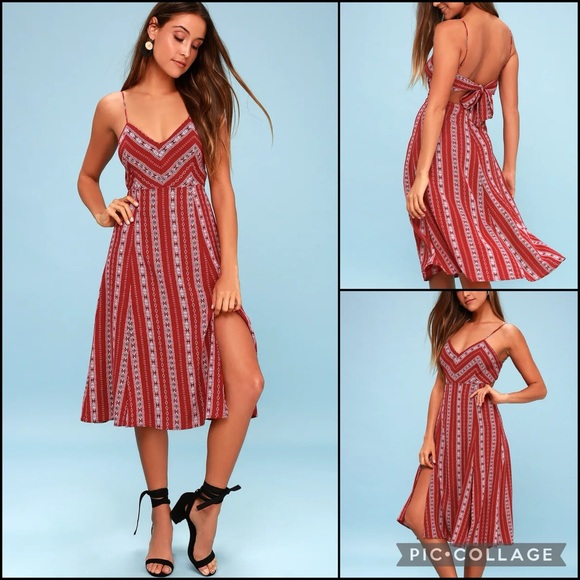 Lulus Dresses & Skirts - Lulu’s Rust Red Stripe Print Tie Back Side Slit Midi Dress